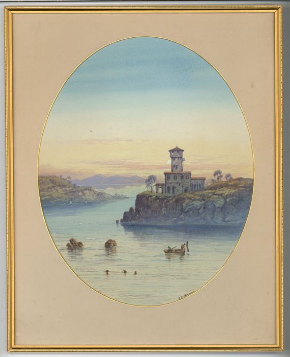 E.L. Herring- Oval 19th Century Watercolour, River Scene with Figures in Rowboat