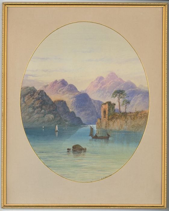 E.L. Herring - Oval 19th Century Watercolour, Mountainous River Landscape