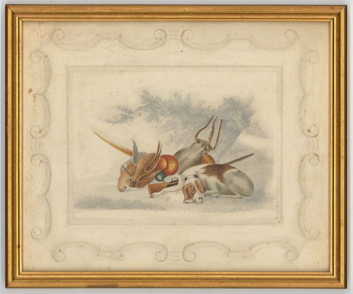 S. F. Ferguson - Gilt Framed 1826 Watercolour, Gun Dog and Gamebirds