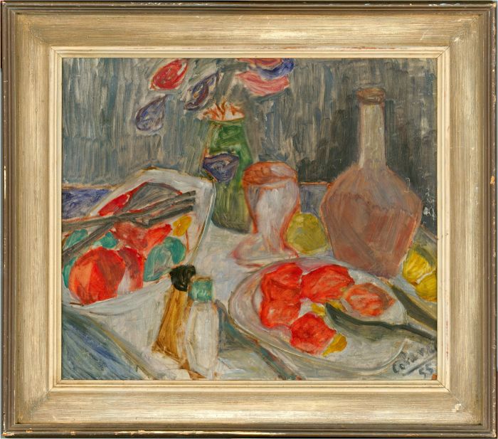 Dina Beraha-Coheme - Signed French 1955 Acrylic, Still Life with Fruit