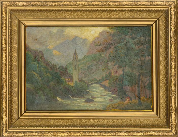 19th Century Oil - Continental River Landscape with Bell Tower