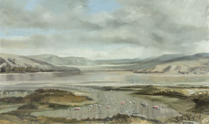 James Frank Adams (1923-2008) - Oil, African Landscape with Flamingos