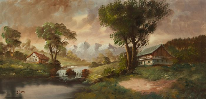 Continental 20th Century Oil - River Landscape with Mountains Beyond