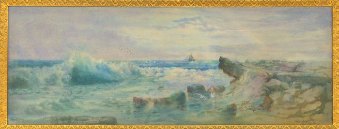 Frank Wood (1904-1985) - Signed Watercolour, Breakers of Filey Brigg