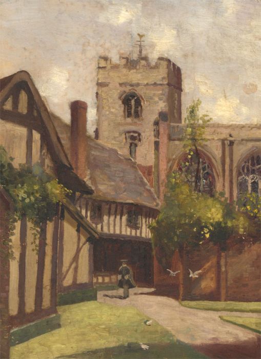 English 19th Century Oil - Figure In Cloisters