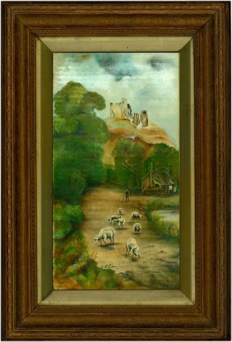 G.E. Hales - 19th Century Gouache, Sheep in a Landscape with Ruins Beyond