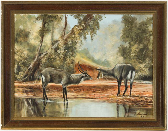 James Frank Adams (1923-2008) - Framed 1995 Oil, Gazelle at the Waterhole