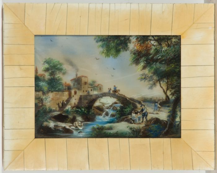 English School 19th Century Watercolour on Ivorine- Figures in a River Landscape