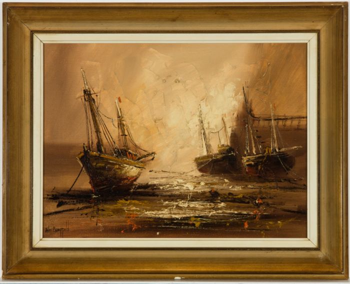 John Bampfield (b.1947) - Signed and Framed 20th Century Oil, Ships at Harbour
