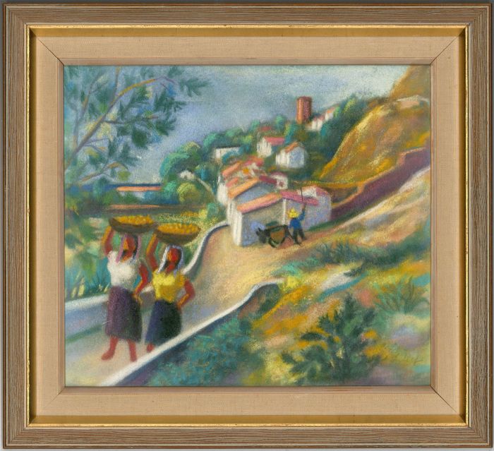 Gösta Bjelkebo (1904-1974) - Signed and Framed Pastel, Mediterranean Village