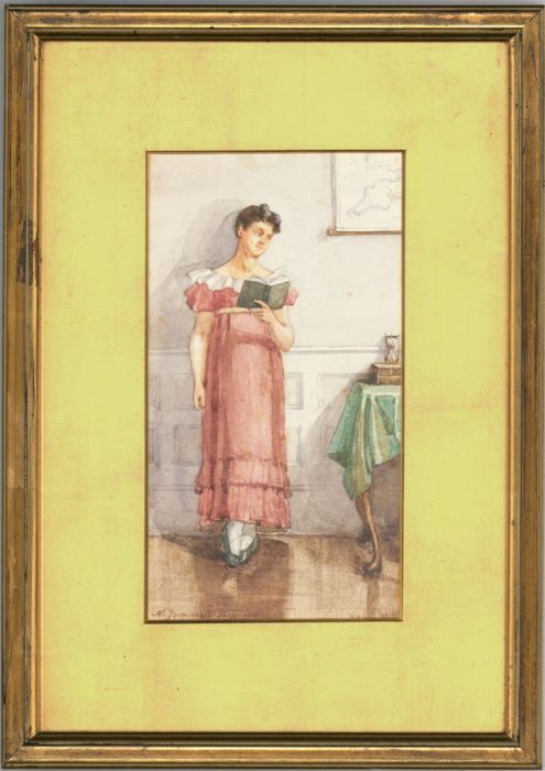 N.J. Browne - Late 19th Century Watercolour, Woman Reading