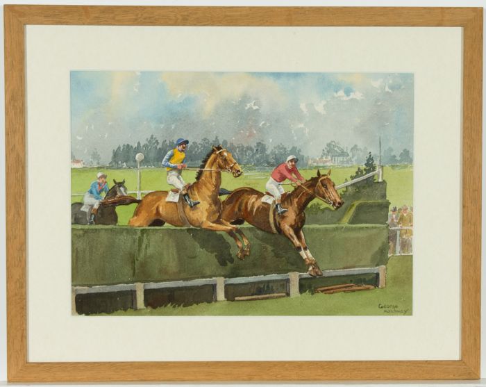 George Holloway (1883-1976) - Watercolour, Jockeys Clearing a Jump
