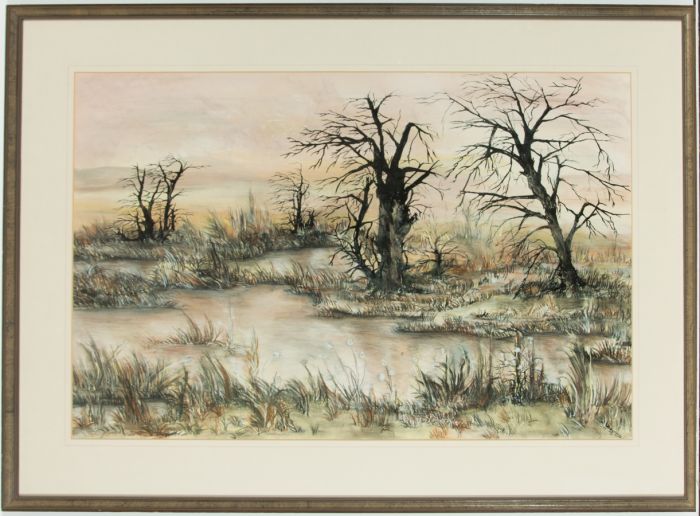 D. Thompson - Large Framed 1981 Pastel, Pond in a Winter Landscape