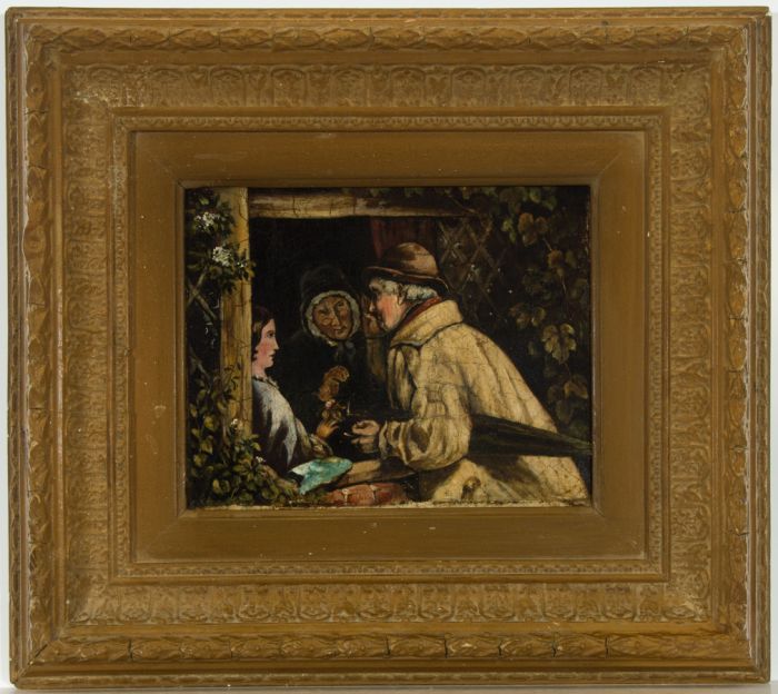 Gilt Framed 19th Century Oil - Figures in a Window