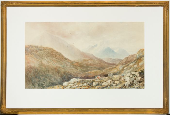 Large English School 19th Century Watercolour - Figures in Highland Landscape