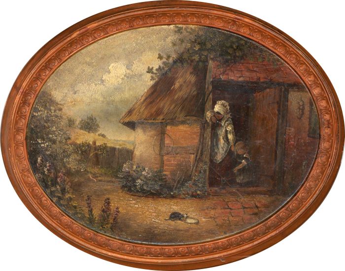 19th Century Oil on a Terracotta Plaque - Rural Cottage
