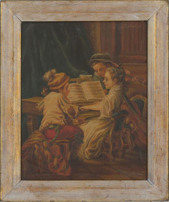 19th Century Oil - Children Playing a Piano