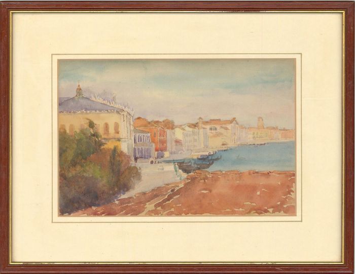 Framed 20th Century Watercolour - View over a Continental Harbour