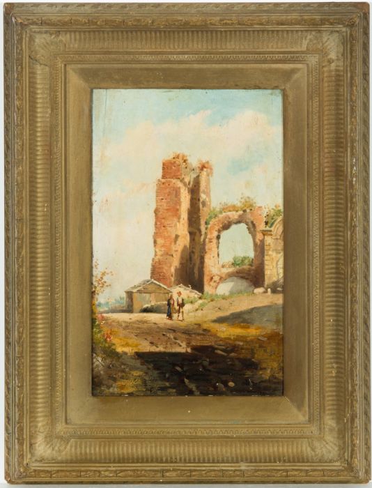 English School 19th Century Oil - Classical Ruin Landscape with Figures