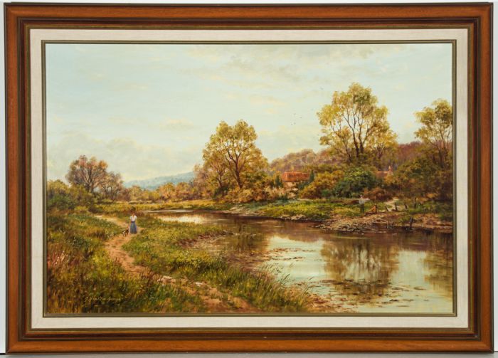 Jean Hamilton George (b.1948) - River Landscape with Dog Walker