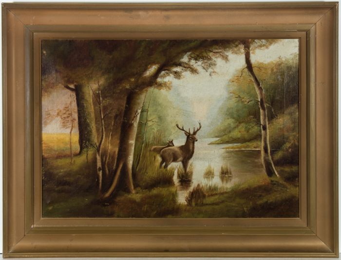 Framed English School 19th Century Oil - Stags Watering
