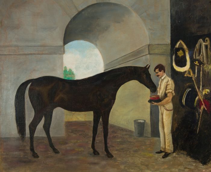 Fine English School 19th Century Oil - Military Horse and Soldier in a Stable
