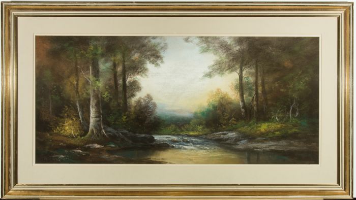 H. Lewis - Signed Contemporary Pastel, River Through a Forest at Dusk