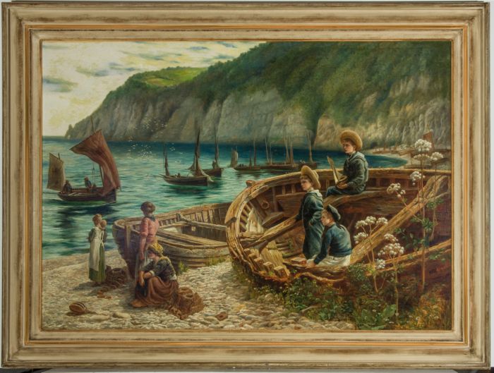 Monogrammed Pre-Raphaelite Style 1880 Oil - Fishing Folk at Beer Head, Devon
