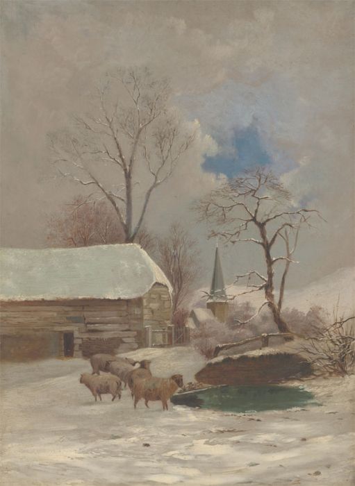 Fine English School 19th Century Oil - Winter Farm Landscape with Sheep