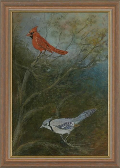 T. W Scarland - Signed Contemporary Pastel, Northern Cardinal and Blue Jay