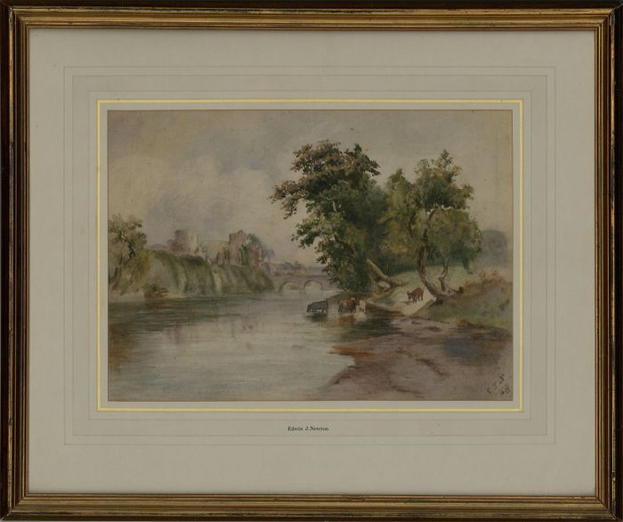 Edwin J. Newton - Signed & Framed 1899 Watercolour, Cattle Watering by a River