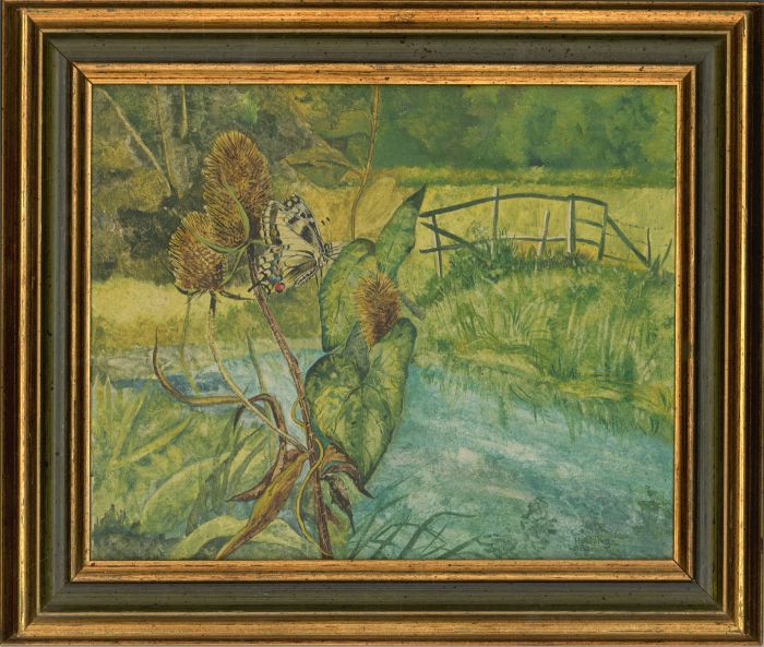 Courtenay Hasking - Signed 1983 Oil, Butterfly on River Bank