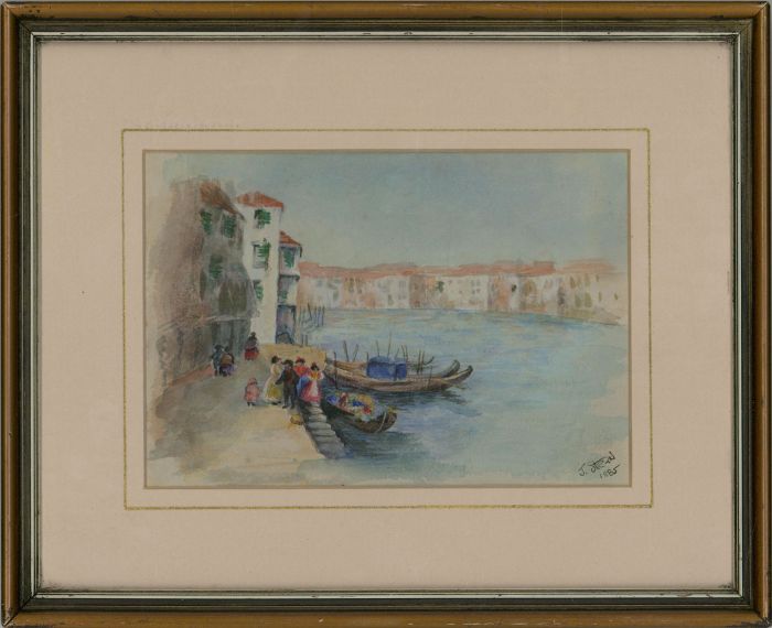 J. Stern - Framed 1885 Watercolour, Venice Canal Scene