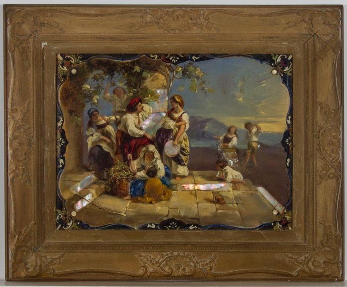 19th Century Oil inlaid with Mother of Pearl - Italian Figures on a Veranda