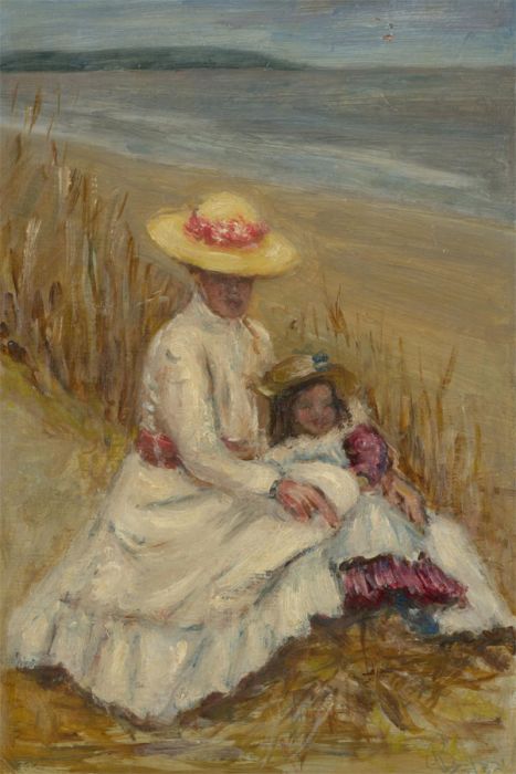 After Claude Monet - Impressionist 20th Century Oil, Mother and Child on a Beach