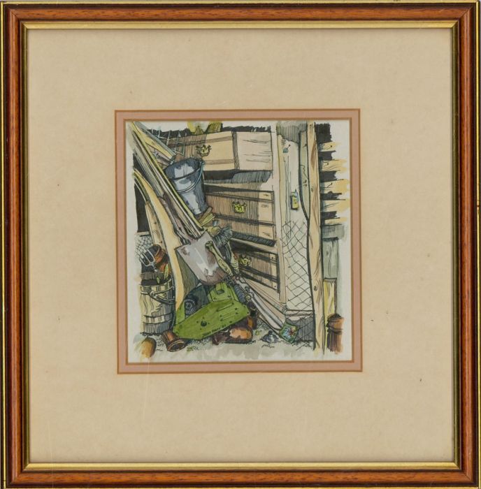 Jane Dance - Signed and Framed 1888 Pen and Ink Drawing, Interior Still Life