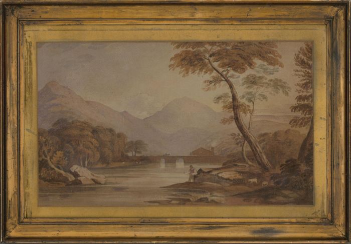 19th Century Watercolour - Fishing by Riverbank