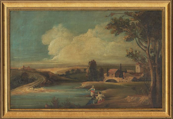 Framed 19th Century Oil - Rural Landscape with Figures Fishing