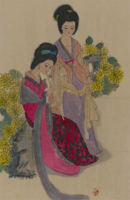 Japanese 20th Century Mixed Media - Pair of Women in Kimonos