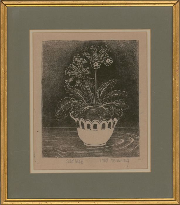 Caroline Hemming (b.1931) - Signed and Framed 1958 Linoprint, Gold Lace