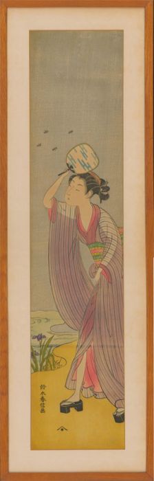 after Suzuki Harunobu (c.1725-1770) - Japanese Woodblock, Lady with a Fan
