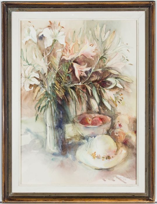 J. Robertson - Signed 1993 Watercolour, Still Life with Lilies and a Hat