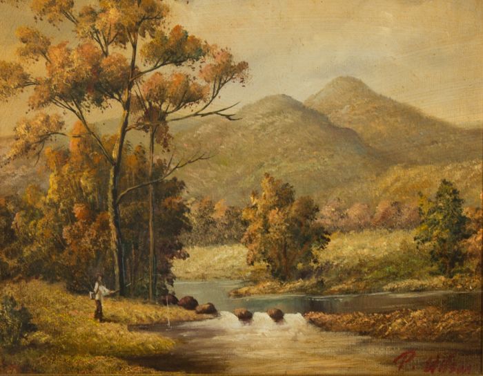Signed 20th Century Oil - Fishing in a River Landscape