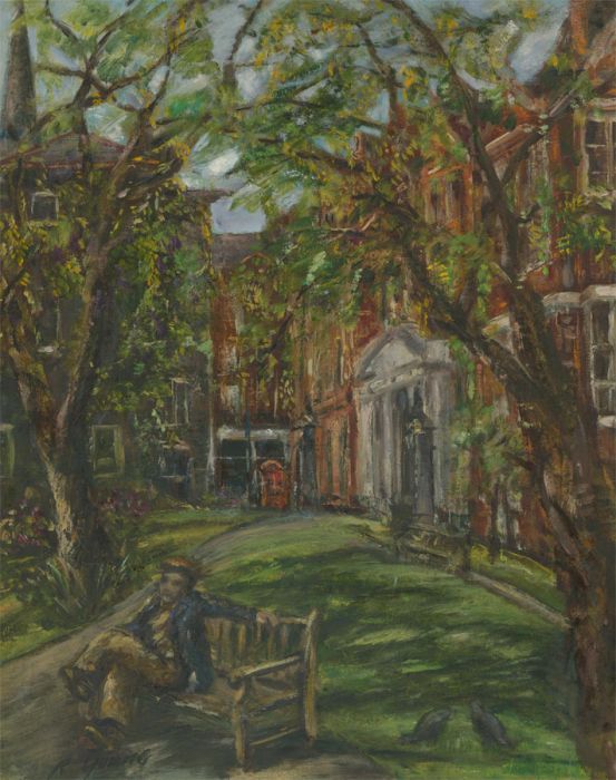 Renee Young - Signed 20th Century Oil, Seated Man in a Garden Square
