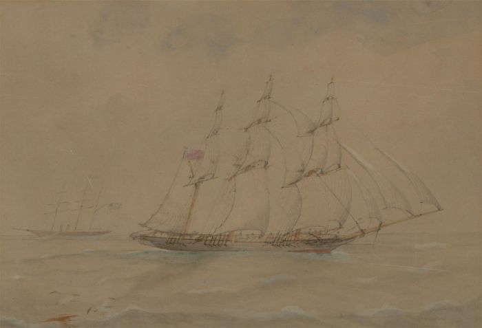 Framed 19th Century Watercolour - Sailing Ship at Sea