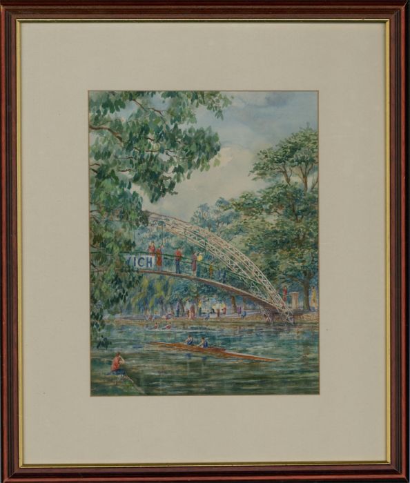 David James - 1992 Watercolour, Bedford Suspension Bridge during a Race