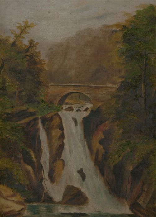 Early 19th Century Oil - Autumnal Waterfall with Bridge