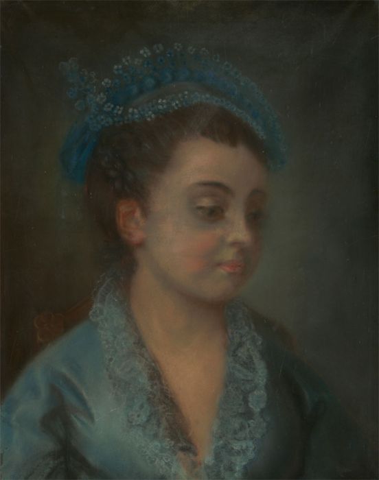 Early 19th Century Pastel - Portrait of a Young Lady in a Blue Lace Bonnet