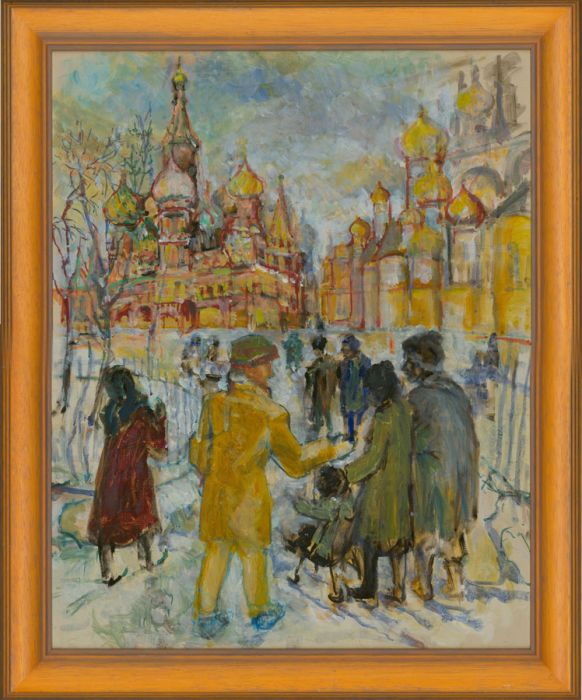 Framed 20th Century Acrylic - Figures in a Russian City