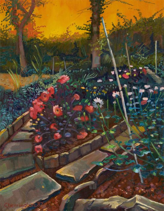 John Cherrington (1931-2015) - 1987 Acrylic, Flower Garden at Dusk